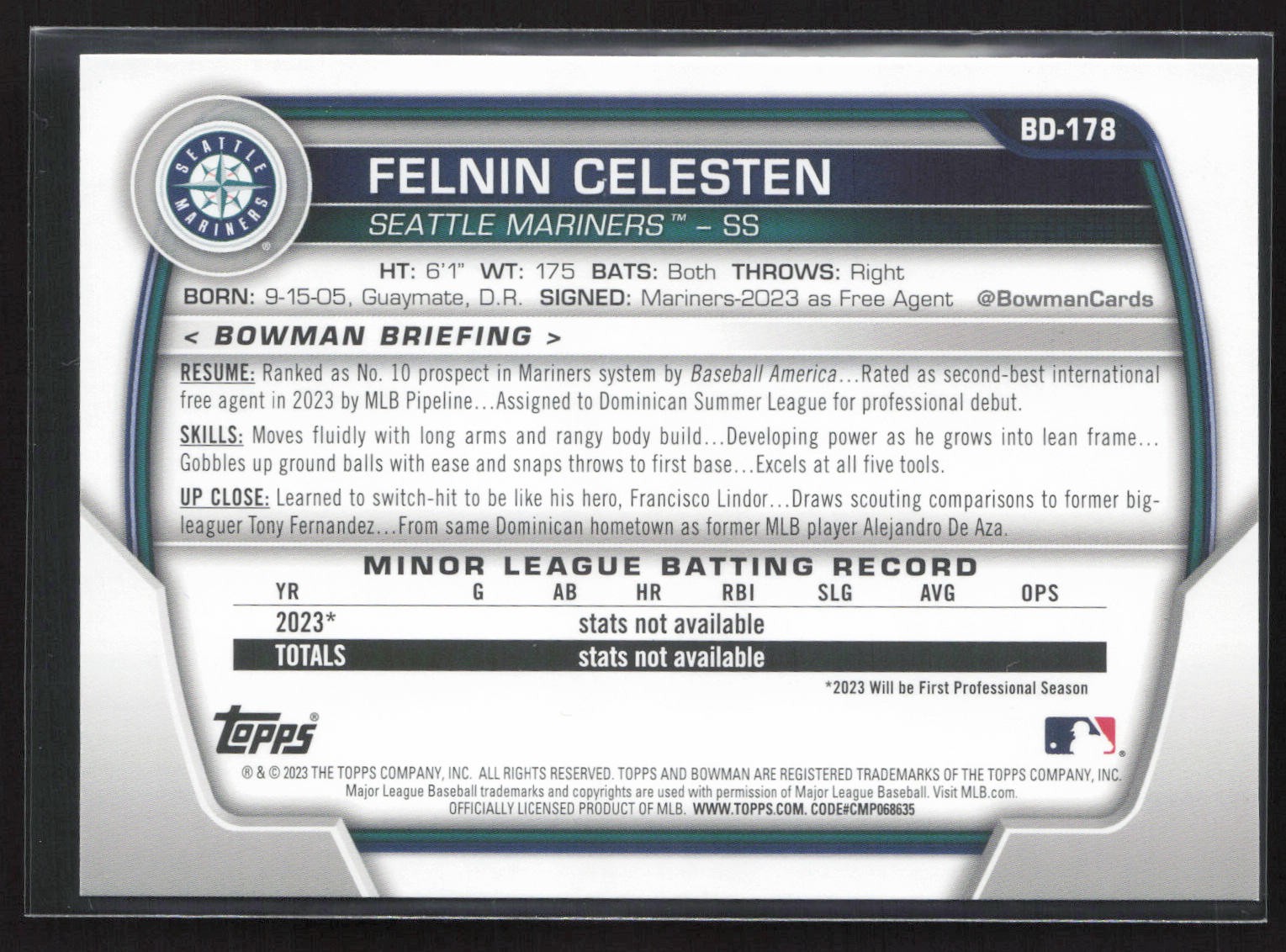 2023 Bowman Draft #BD-178 Felnin Celesten Sky Blue #/499