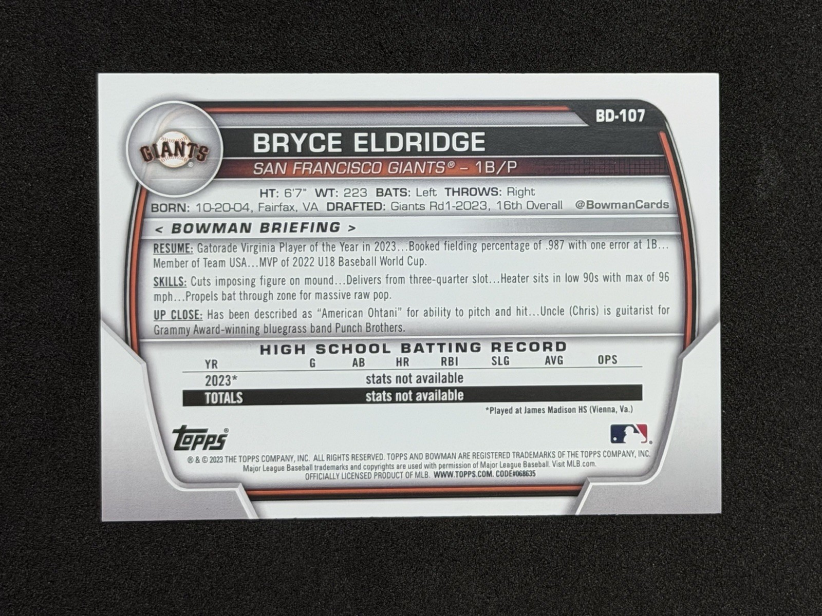 2023 Bowman Draft – Bryce Eldridge 1st Bowman Base Paper #BD-107