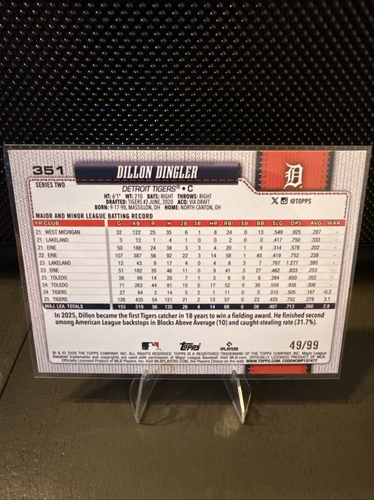 2026 Topps Series 2 Dillon Dingler Green Holo Foil /99 #351 Detroit Tigers 49/99