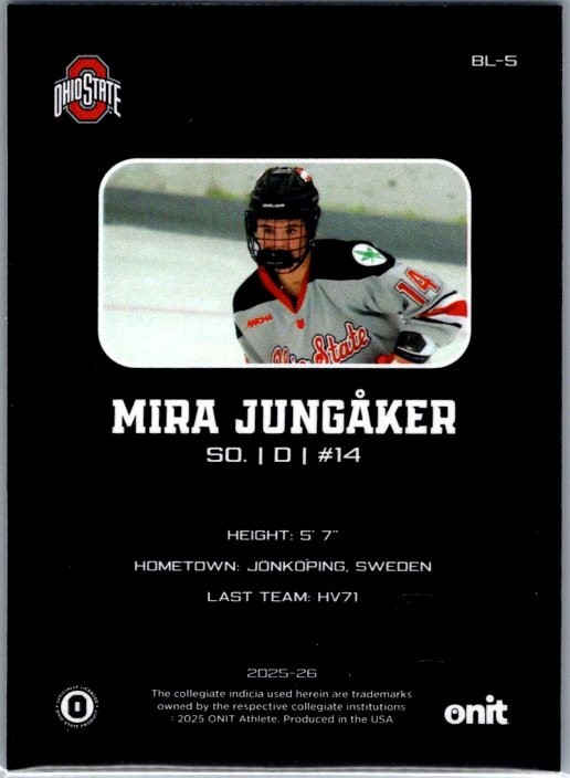 2025-26 ONIT Ohio State Women’s Hockey #BL-5 Mira Jungåker Blackout TC 10/20