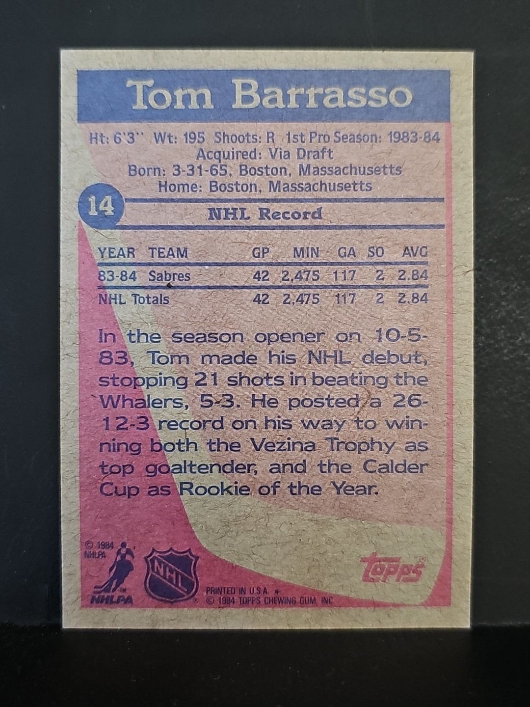 1984-85 Topps #14 Tom Barrasso RC HOF SABRES