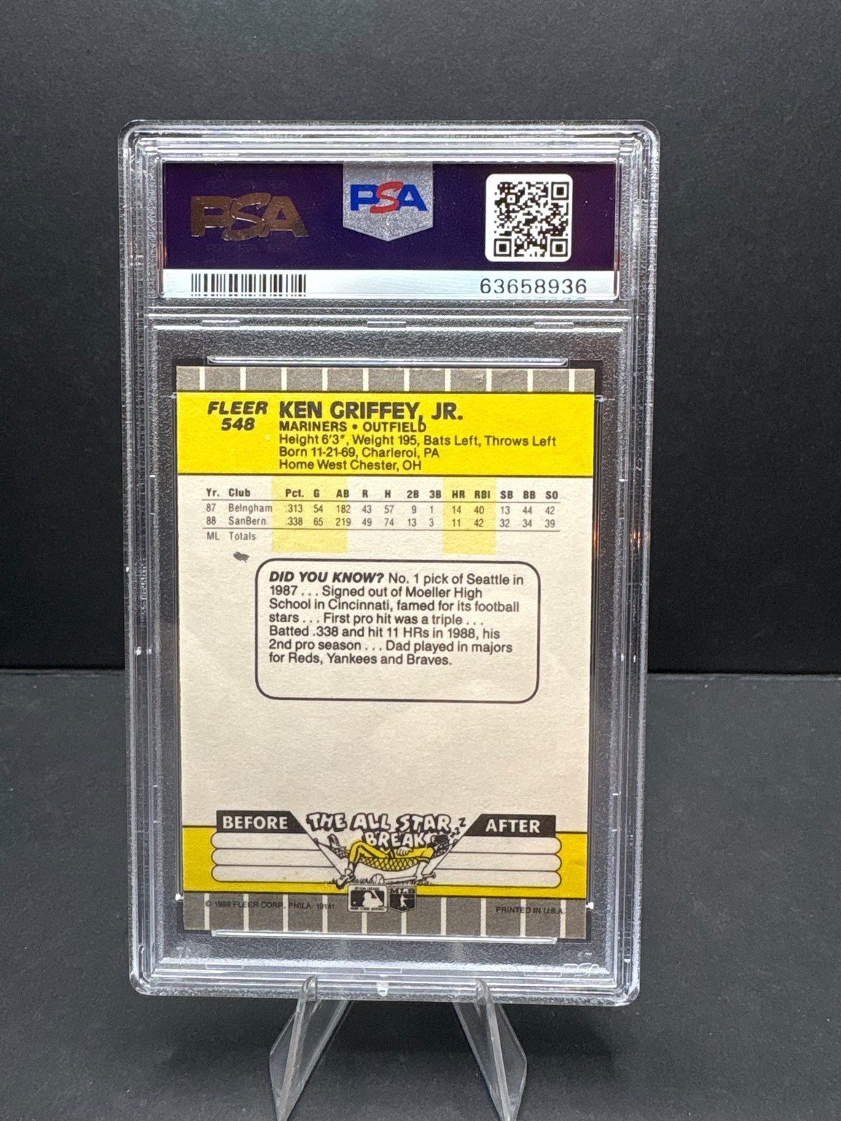1989 Fleer #548 Ken Griffey Jr RC Rookie PSA 6 10 Auto PSA/DNA Auto Mariners