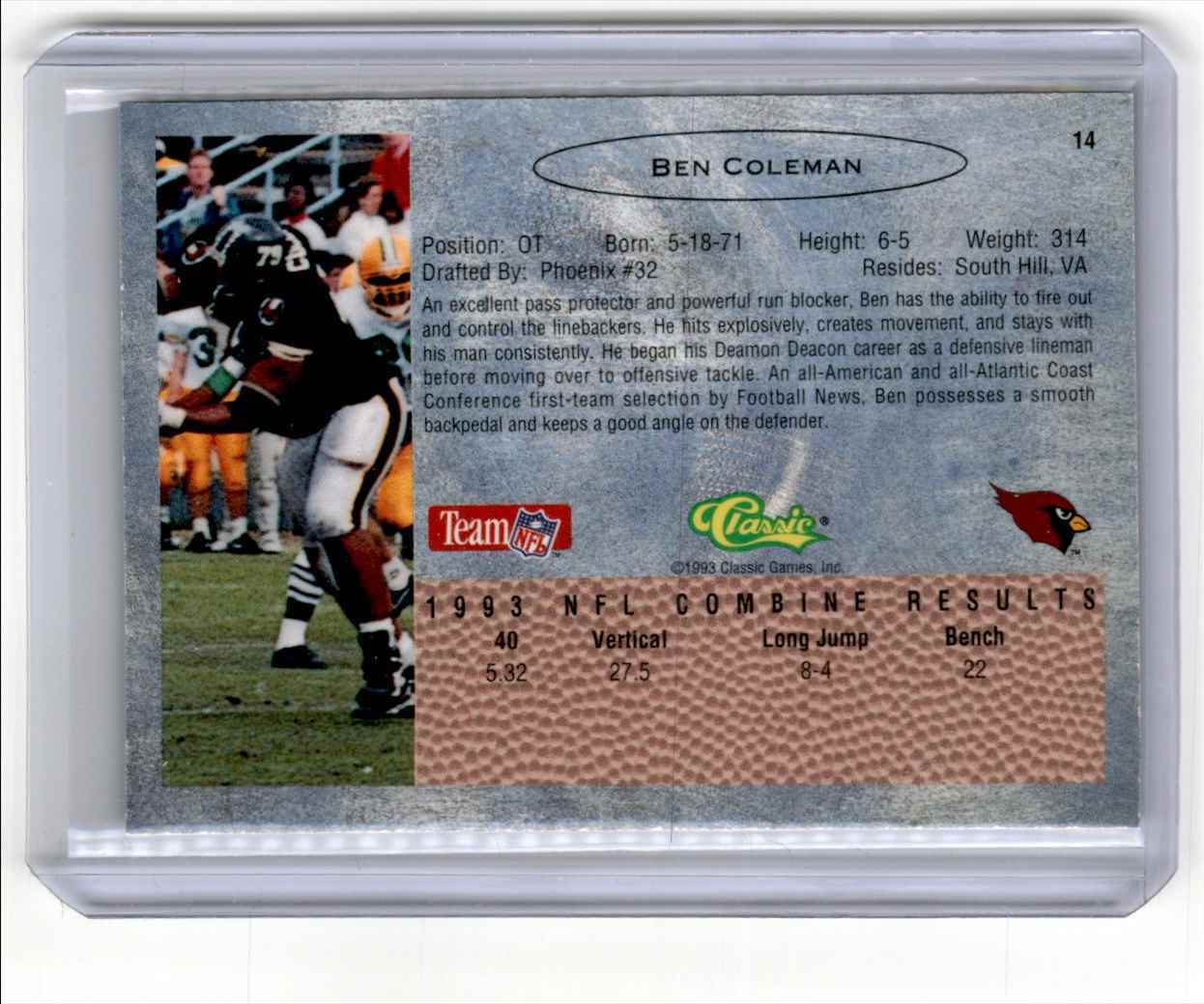 1993 Classic Draft Autograph Ben Coleman RC Auto Phoenix Cardinals #14