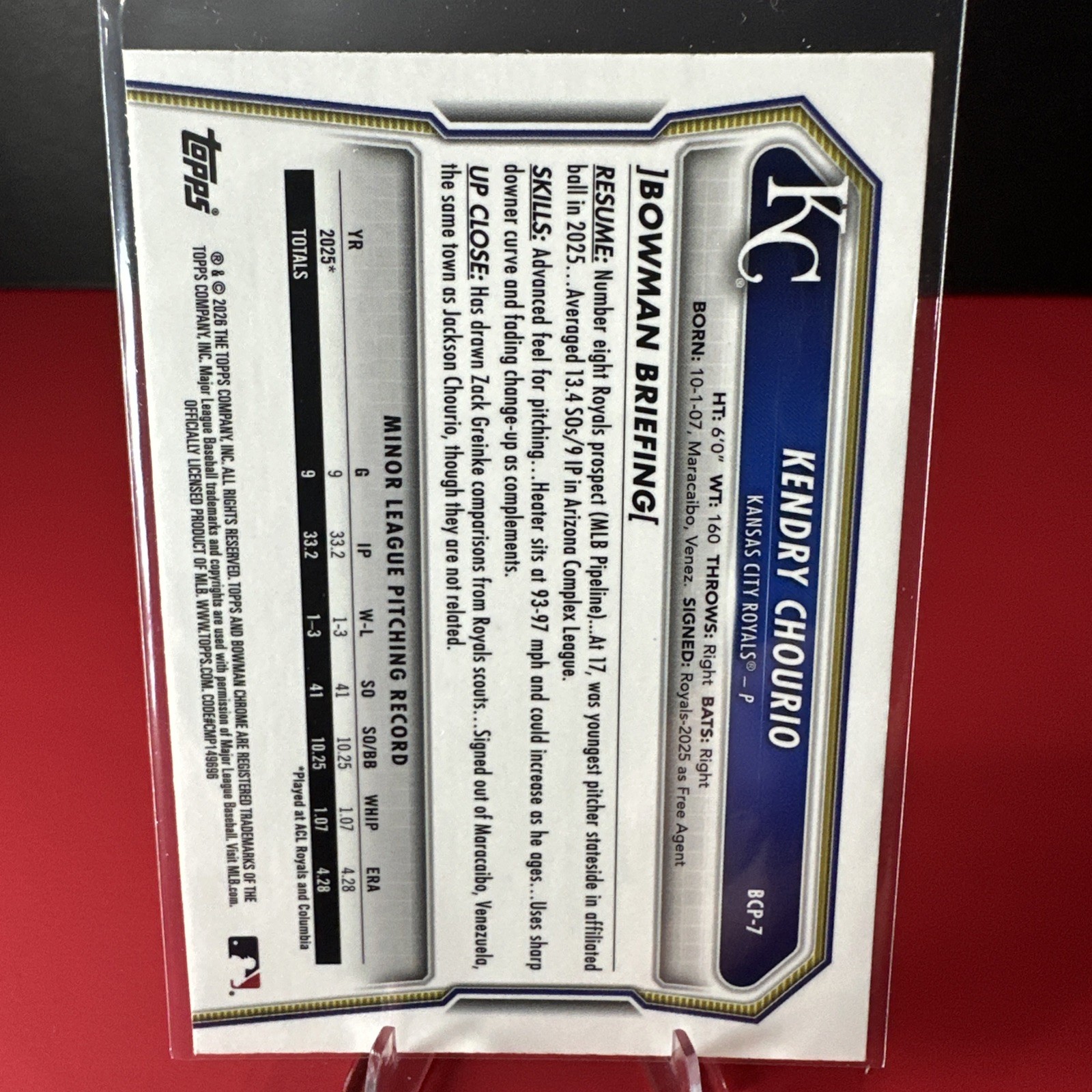 2026 Bowman M/B Chrome 1st Kendry Chourio Royals #BCP-7 Sky Blue Refractor /499