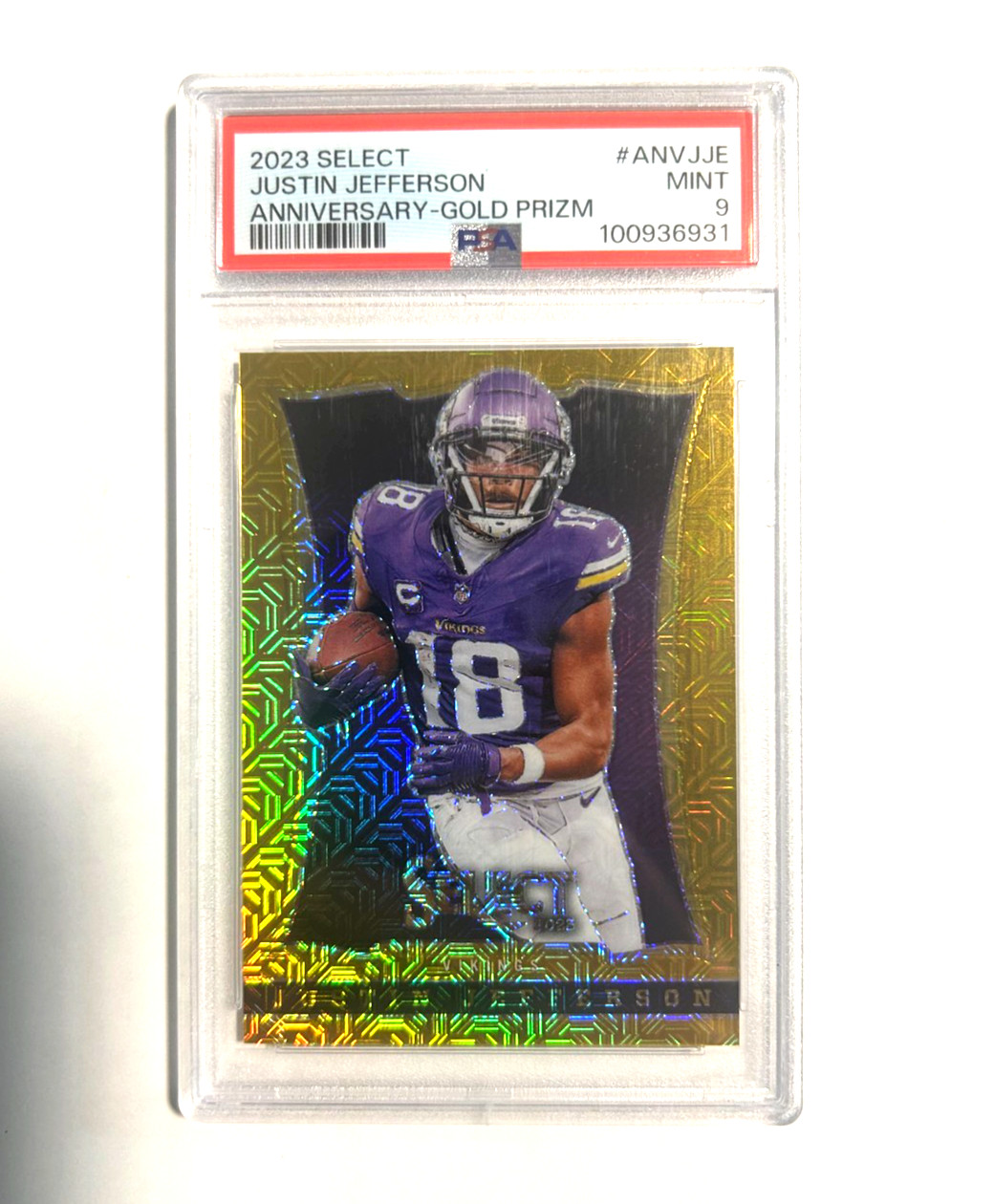 JUSTIN JEFFERSON 2023 PANINI SELECT ANNIVERSARY GOLD PRIZM /10 VIKINGS PSA 9