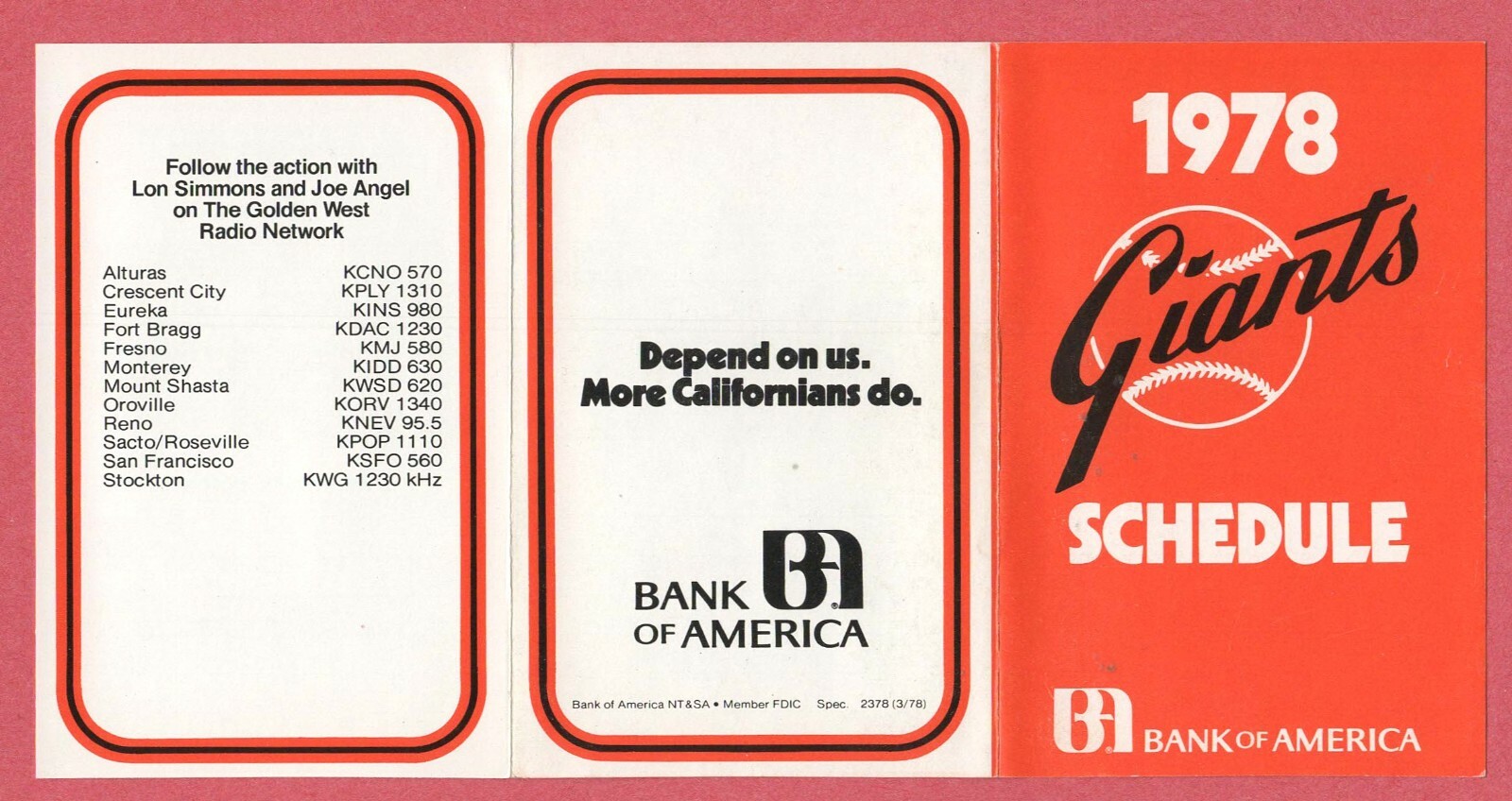 MLB BASEBALL 1978 SAN FRANCISCO GIANTS pocket schedule BANK OF AMERICA