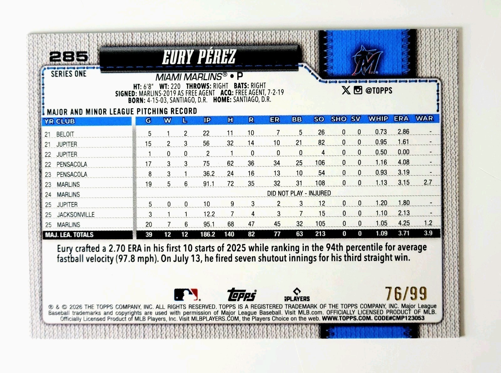 2026 Topps Series 1 #285 Eury Perez-Green Spring Training Parallel SP /99 Miami.