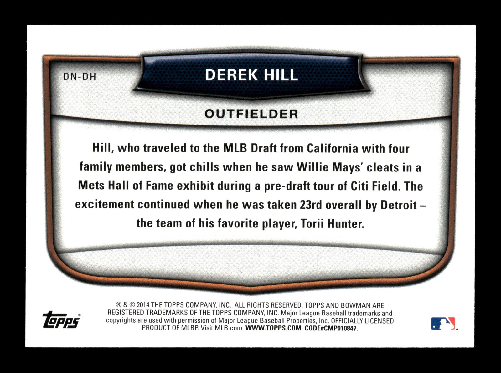 DEREK HILL ⚾ 2014 Bowman Draft Night #DN-DH Detroit Tigers