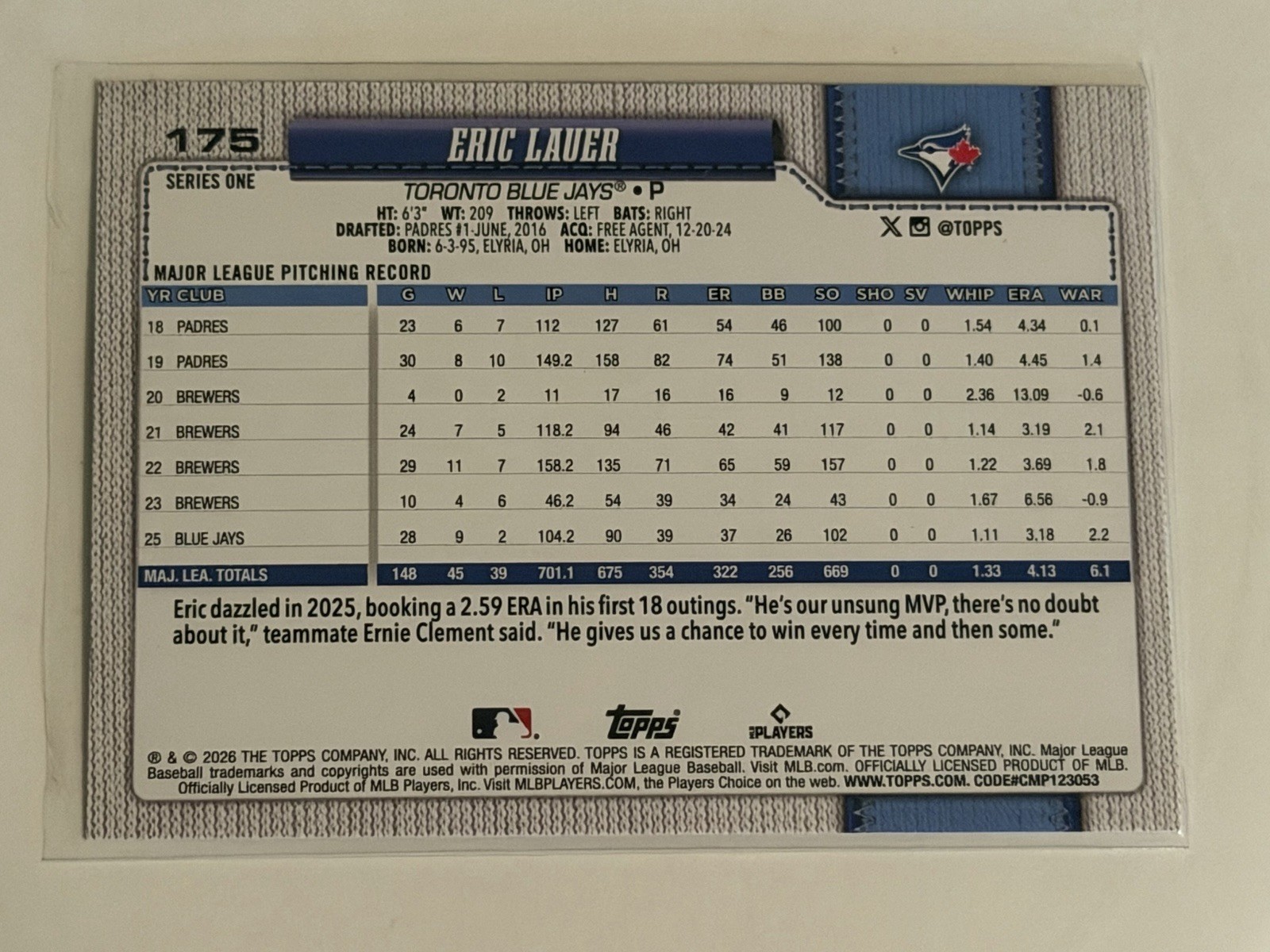 2026 Topps Eric Lauer Rainbow Foil #175 Toronto Blue Jays 75th Anniversary