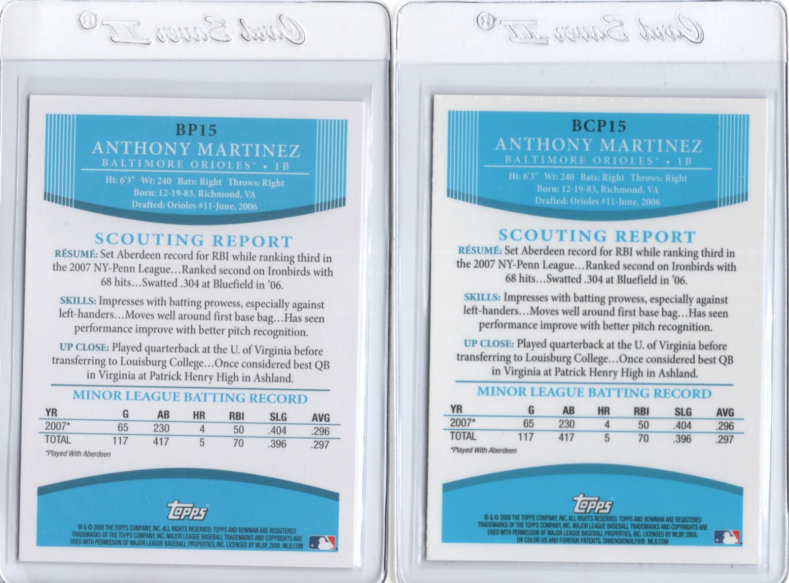 ANTHONY MARTINEZ 2008 Bowman Prospects #BP15 & Chrome Prospects BCP15 Options