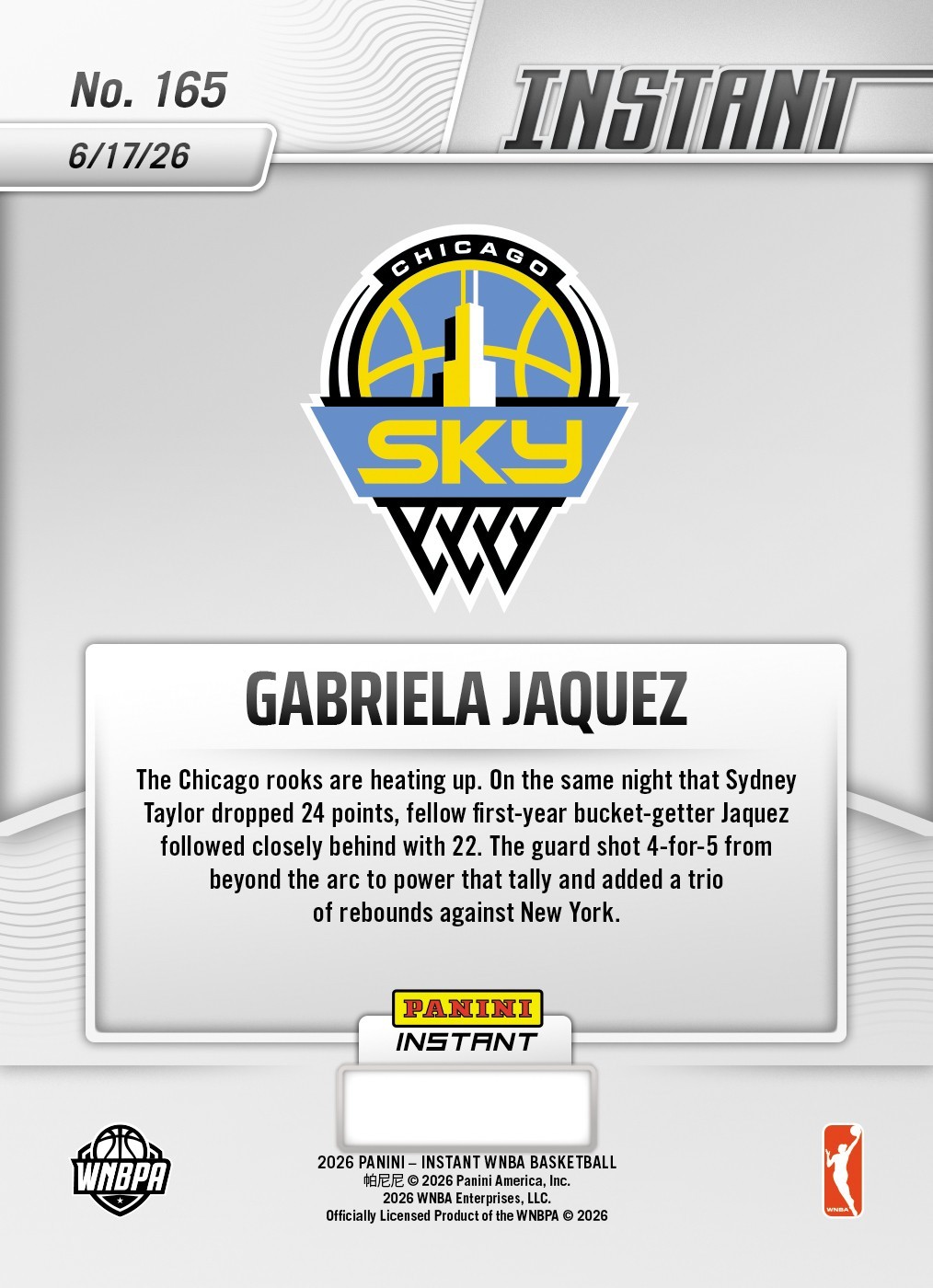 2026 Panini Instant WNBA #165 Gabriela Jaquez Chicago Sky RC PRESALE