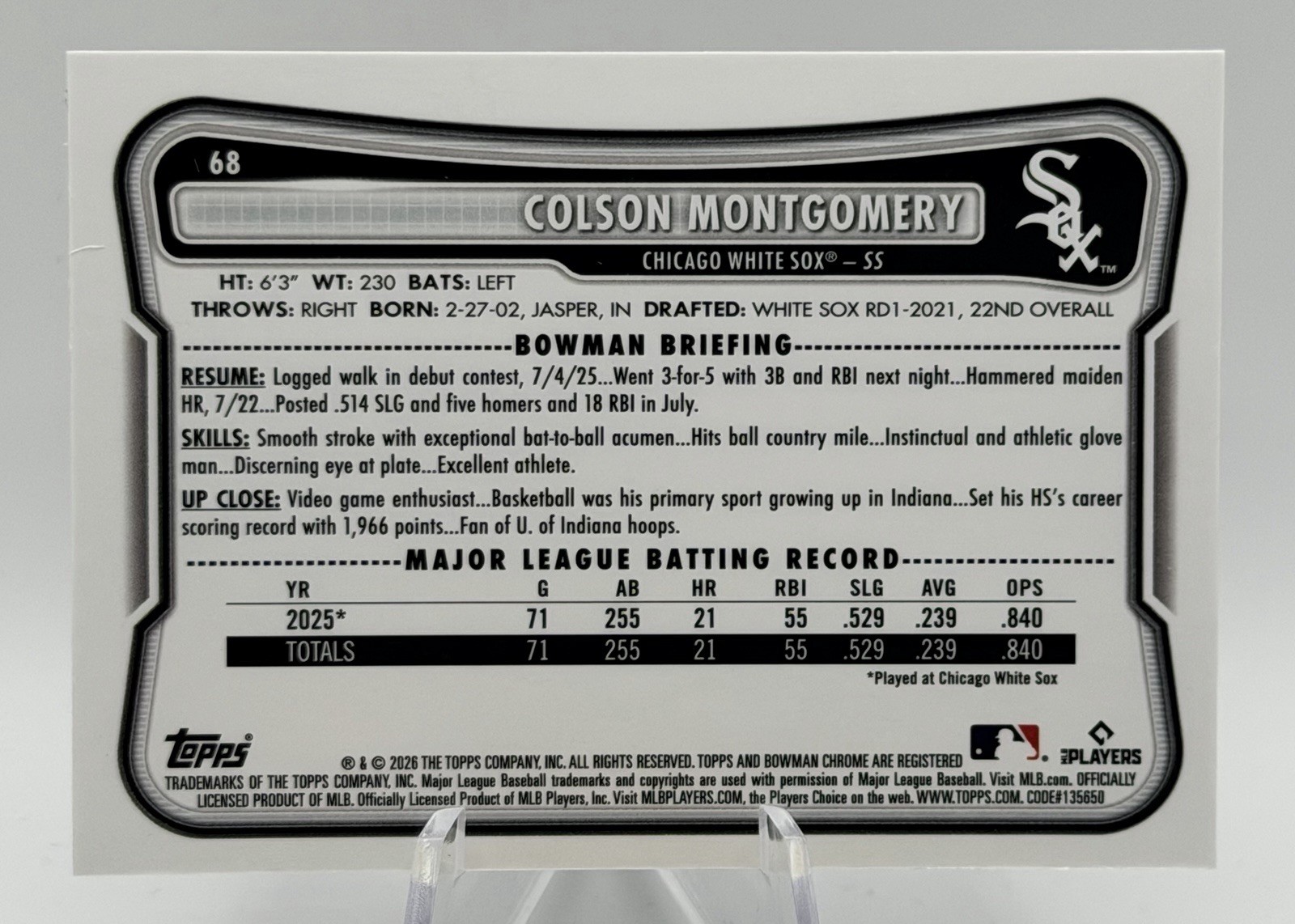 2026 Bowman COLSON MONTGOMERY Red RC Variation Refractor #68 White Sox Rookie