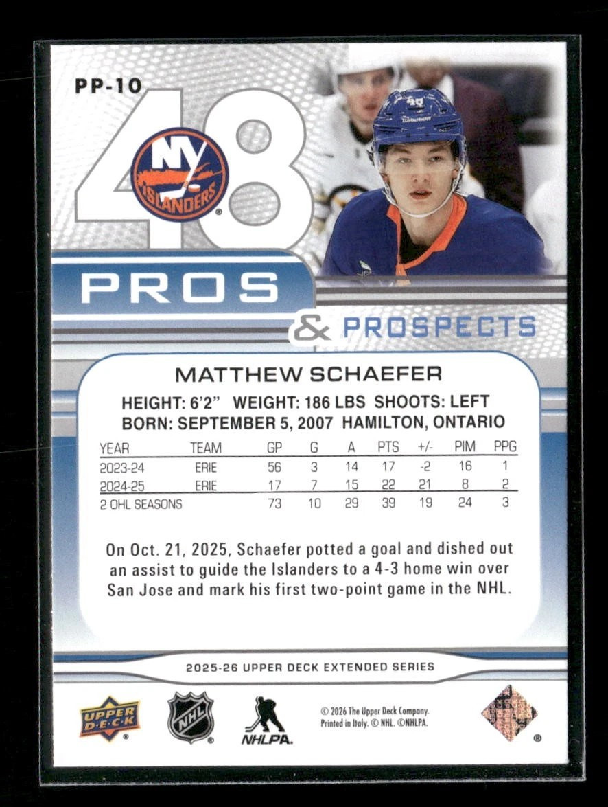 2025-26 Upper Deck Extended Matthew Schaefer RC Pros and Prospects #PP-10