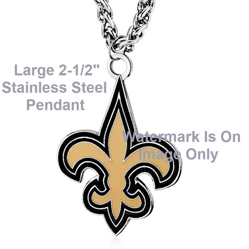 Large 2-1/2″ Mens New Orleans Saints Stainless Steel Pendant Chain Necklace NFL
