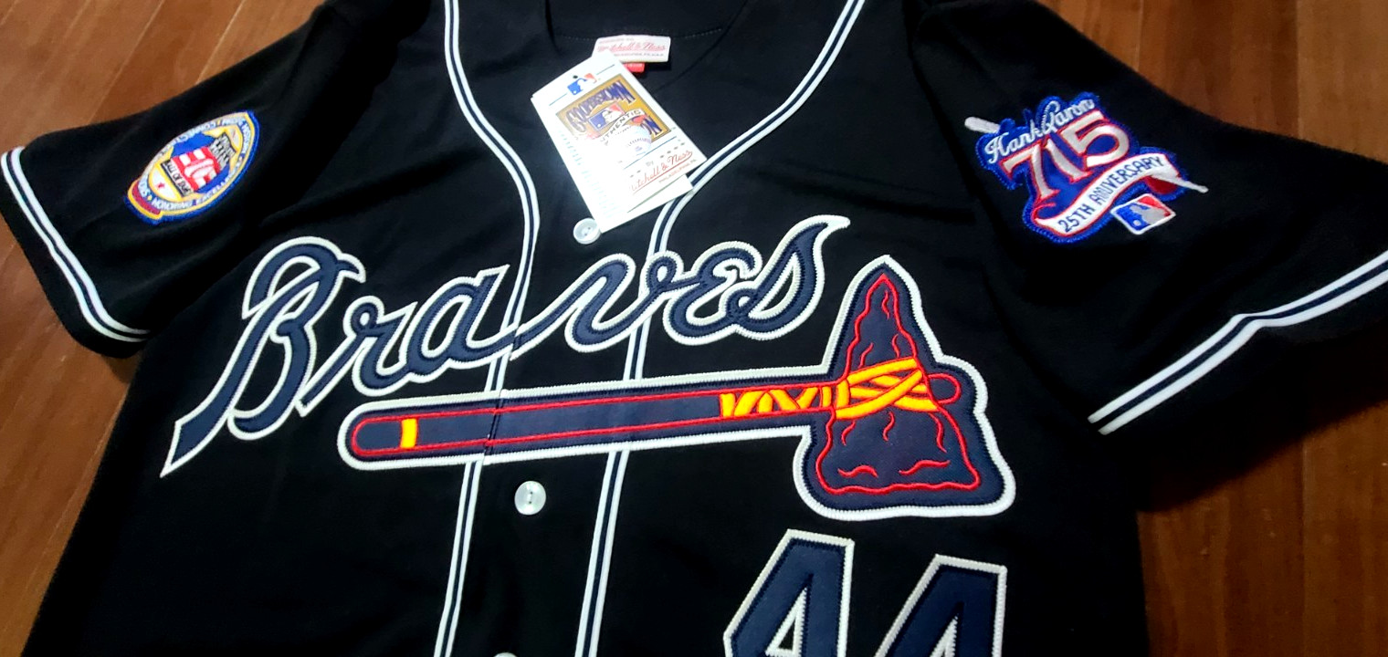 NEW Atlanta Braves #44 Hank Aaron 715HR Dual Patch Stitched LIMITED Jersey BLACK