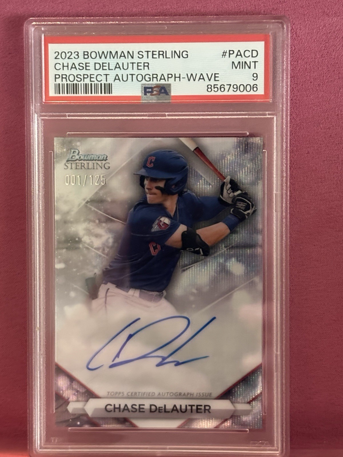 2023 Bowman Sterling Prospect Autograph Chase Delauter Wave Refractor /125 PSA 9