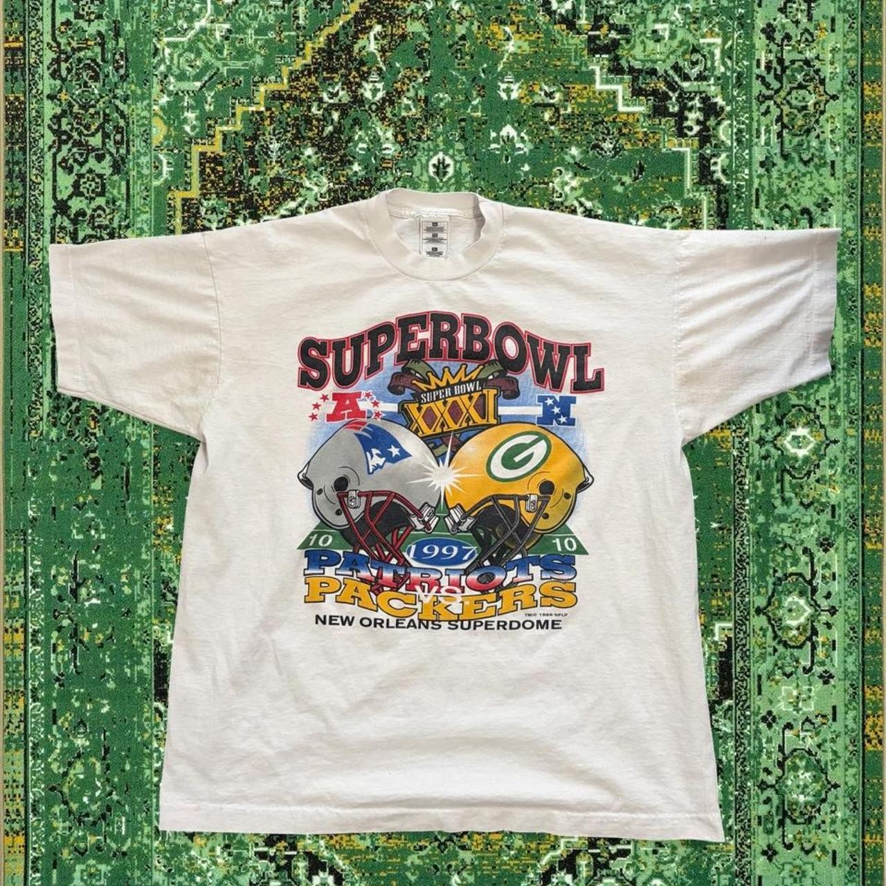1997 Super Bowl XXXI White Patriots x Packers Football Team T shirt HN6501