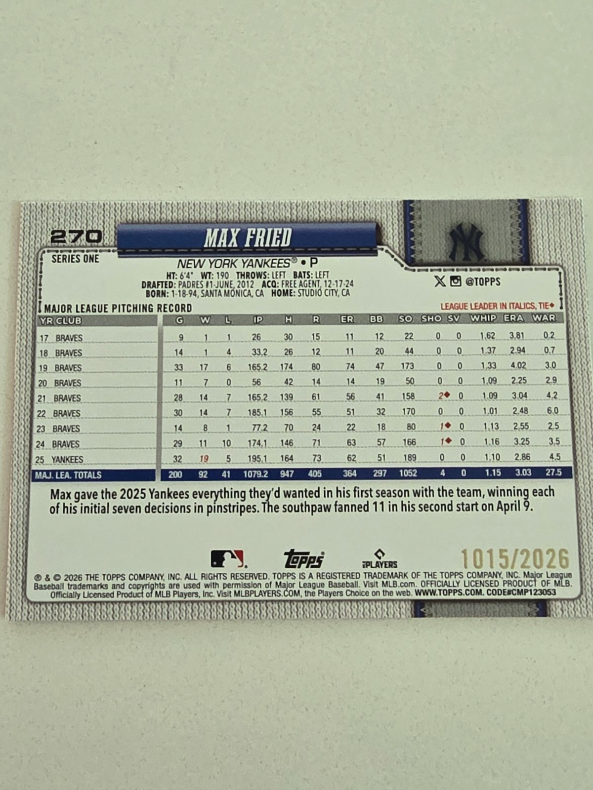 2026 Topps Series 1 #270 Max Fried Gold Parallel /2026 NM