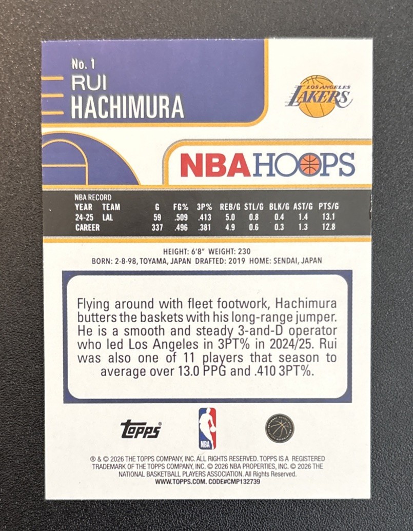 RUI HACHIMURA 2025-26 NBA HOOPS #1 LIGHT BURST PLAYOFFS LOS ANGELES LAKERS 🏀