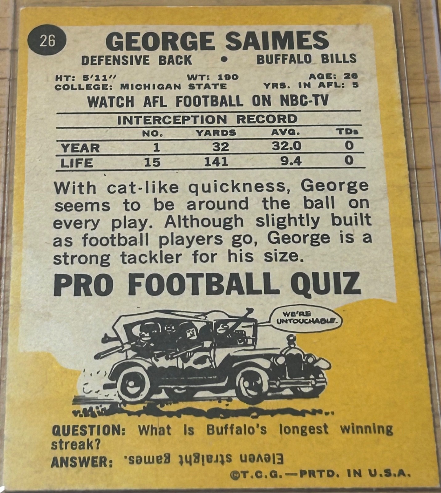 1967 Topps GEORGE SAIMES #26 🔥 Bills 🏈 Autograph 🔥 died 2013 🔥 only 1 listed