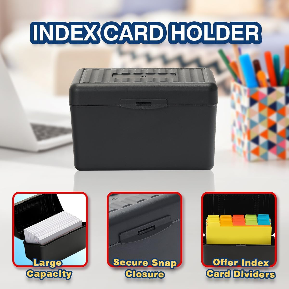 Index Card Holder 3×5 Inches with 25 Plastic Dividers, Black