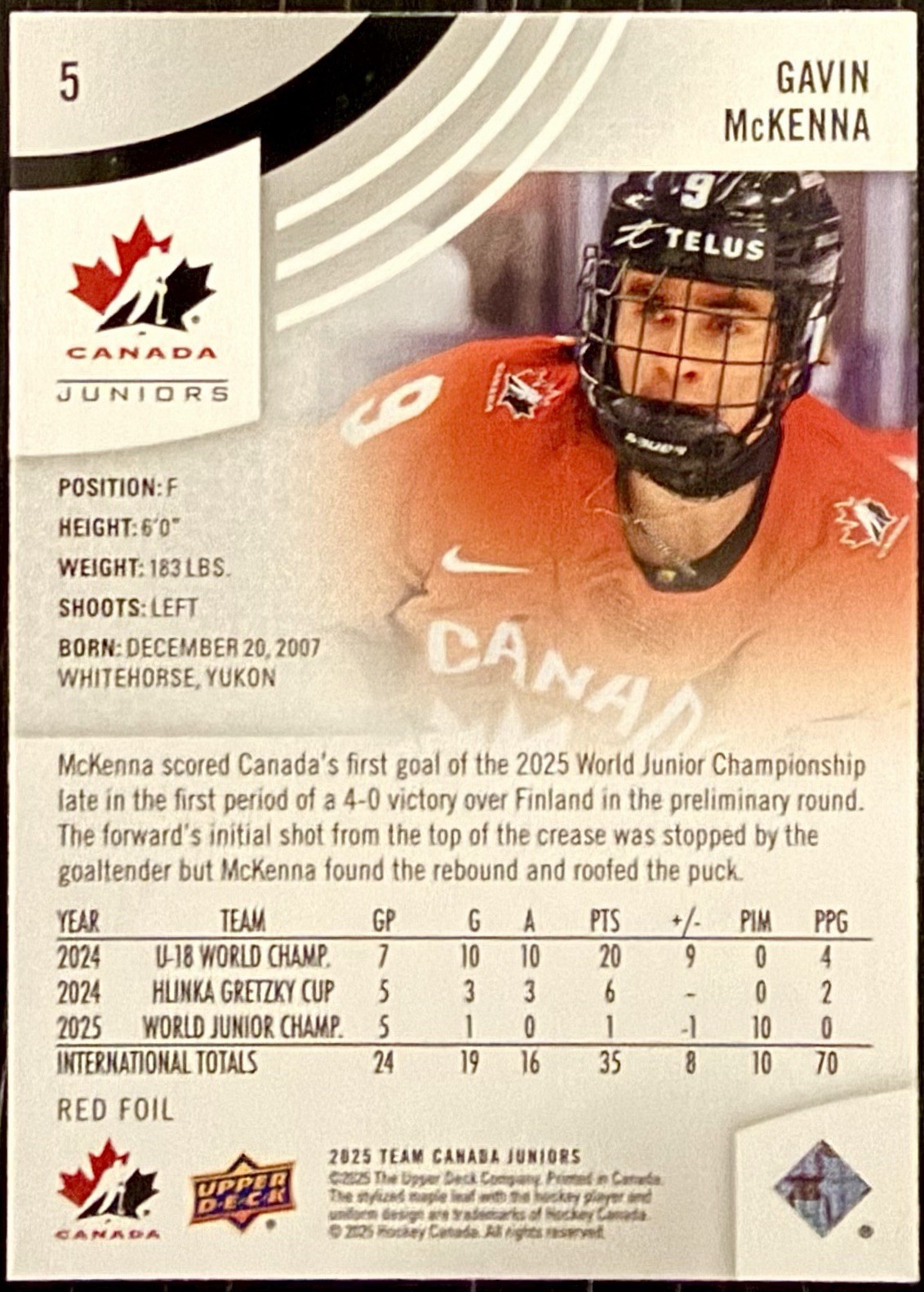 Gavin Mckenna Rookie 2025 Upper Deck Team Canada Juniors #5 Red Foil (RC)