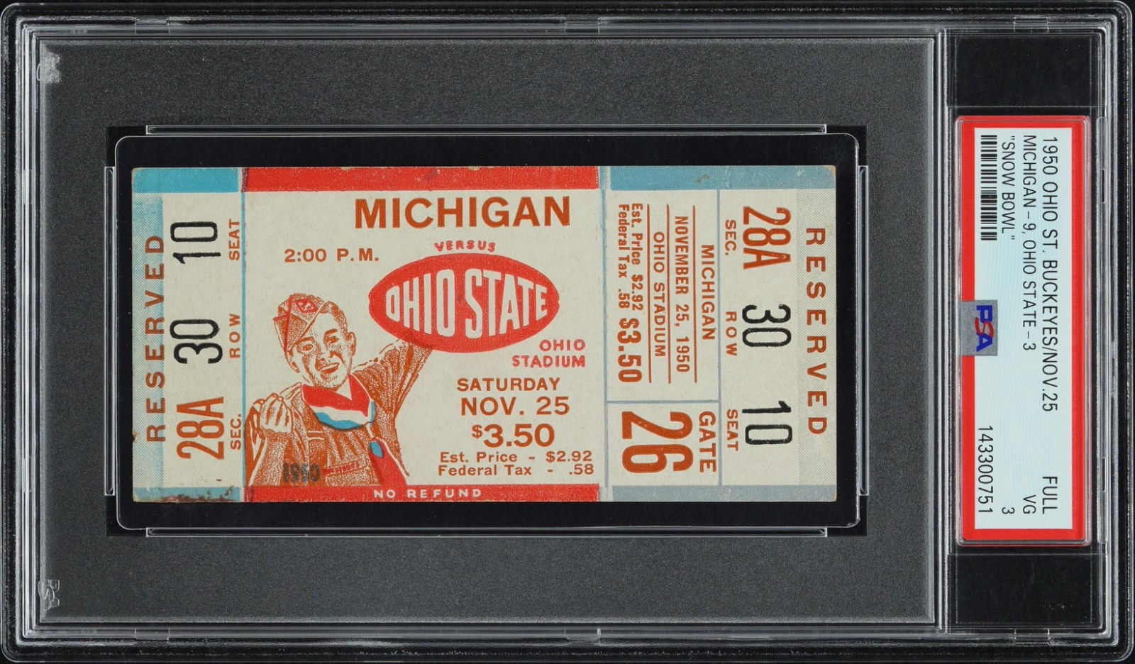PSA 3 – SNOW BOWL OHIO STATE BUCKEYES MICHIGAN WOLVERINES 1950 NCAA FULL TICKET