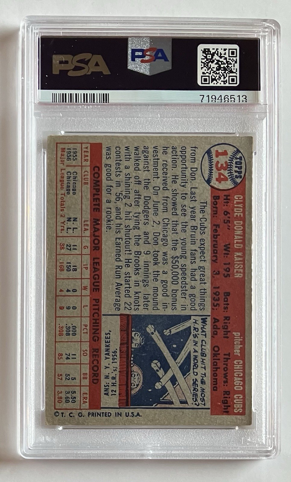 1957 Topps Don Kaiser #134 PSA 4