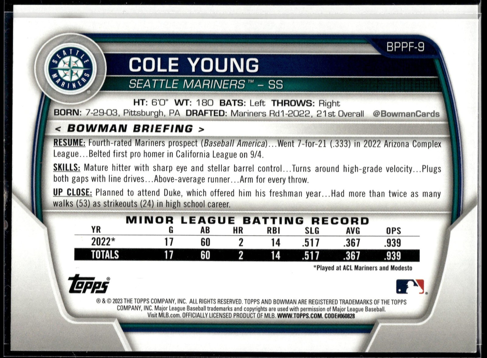 2023 Bowman 1st Edition #BPPF-9 Cole Young