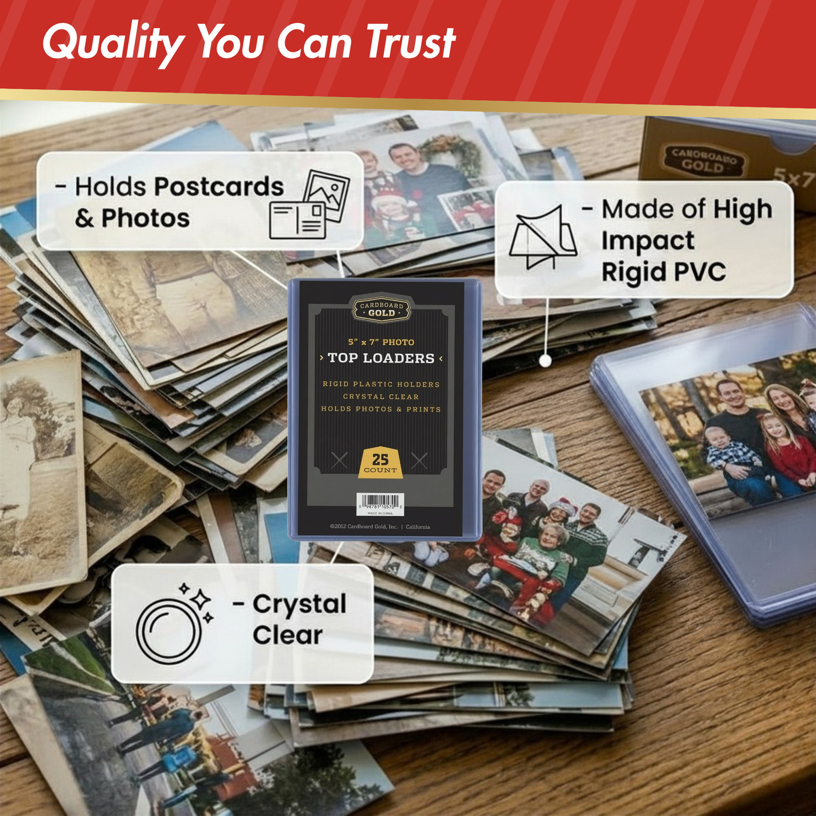 25ct Cardboard Gold 5×7 Top Loaders for Postcards/Photos – Clear Rigid PVC