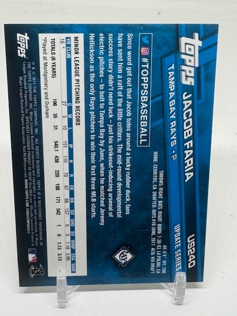 2017 Topps Update Image Variation Jacob Faria #US240 Portrait (RC) SIGNED