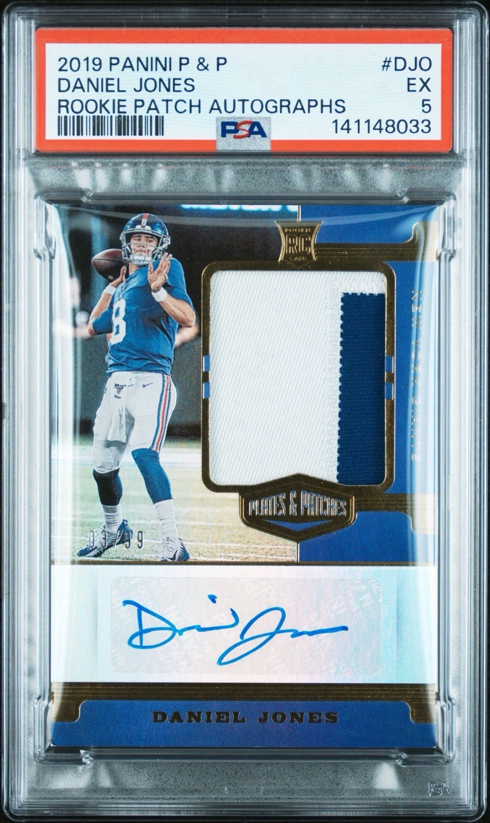 2019 Daniel Jones P&P Rookie Patch Autographs #DJO 03/99 PSA 5