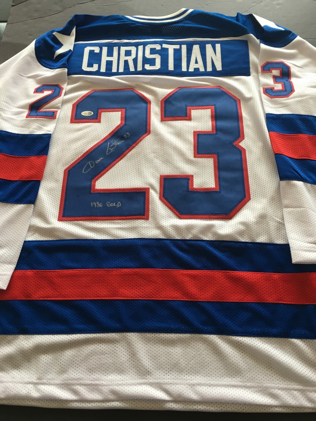 DAVE CHRISTIAN AUTOGRAPHED 1980 OLYMPIC JERSEY J.S.A. AUTHENTICATED