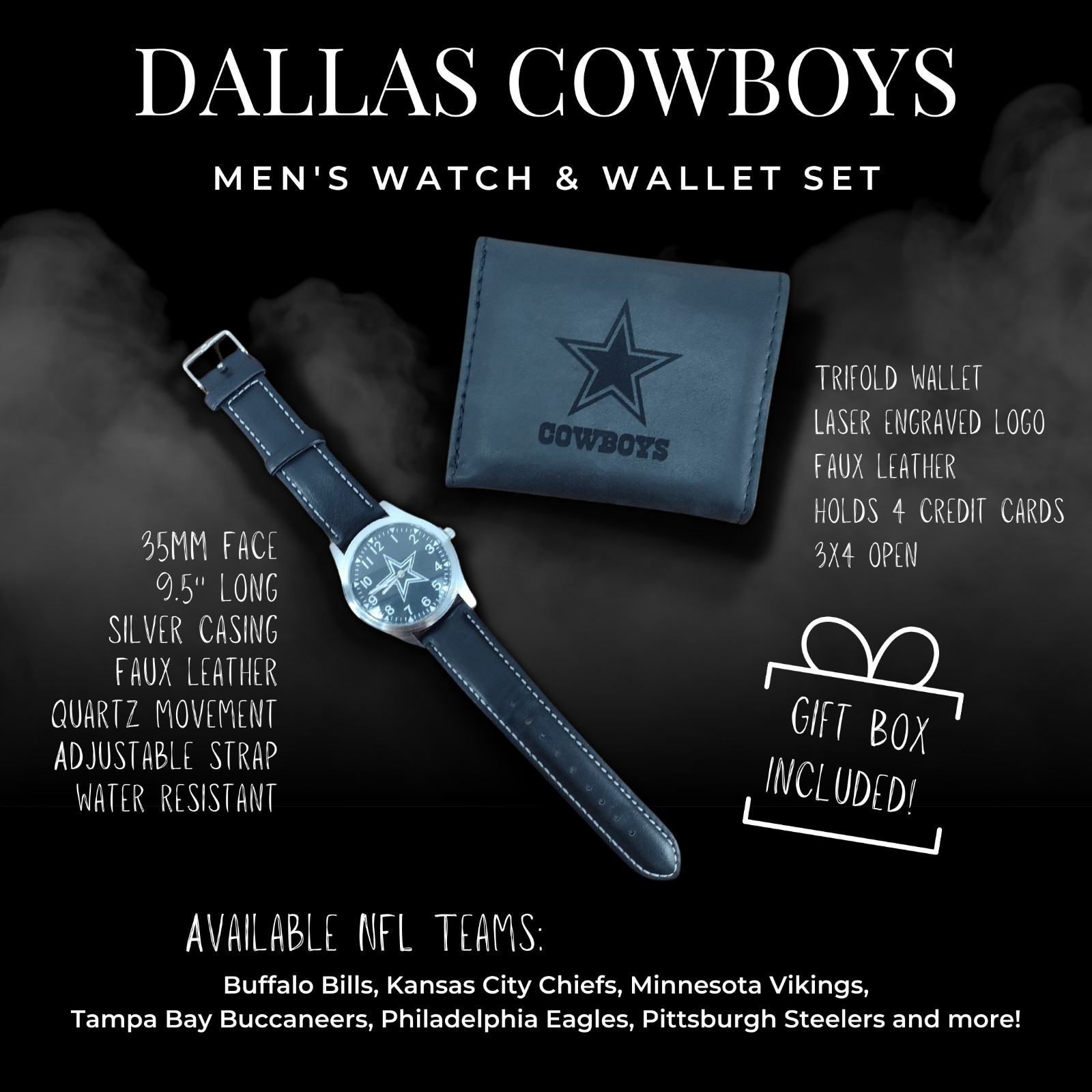 Dallas Cowboys – NFL – Black Watch & Wallet Gift Set – Free Shipping