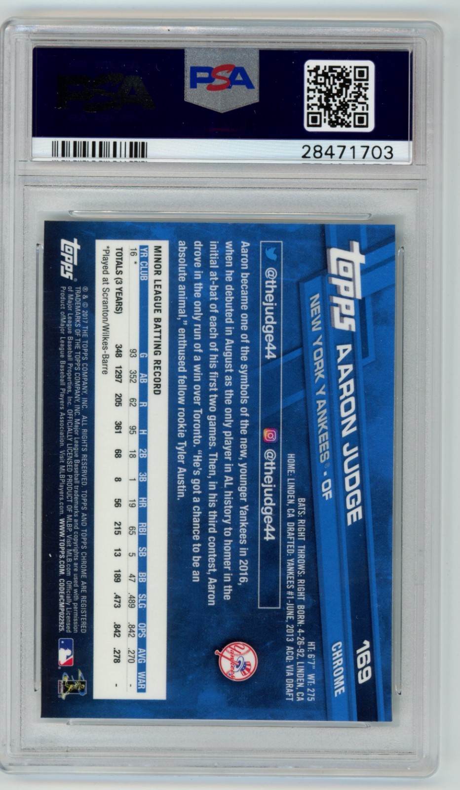 Aaron Judge 2017 Topps Chrome Catching Rookie PSA 10 GEM MT #169 Yankees RC