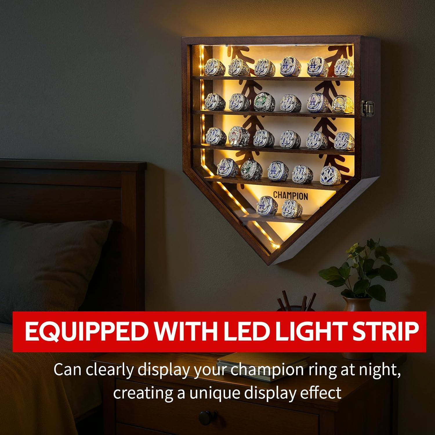 LED Baseball Ring Display Case for 25 Rings – Wall Mount Shadow Box