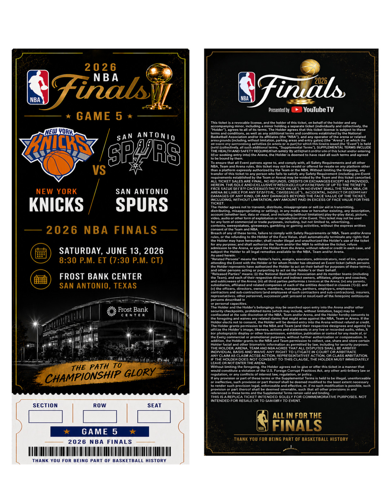 NY Knicks Vs SA Spurs NBA Finals Game 5 Commemorative Ticket Stub Custom