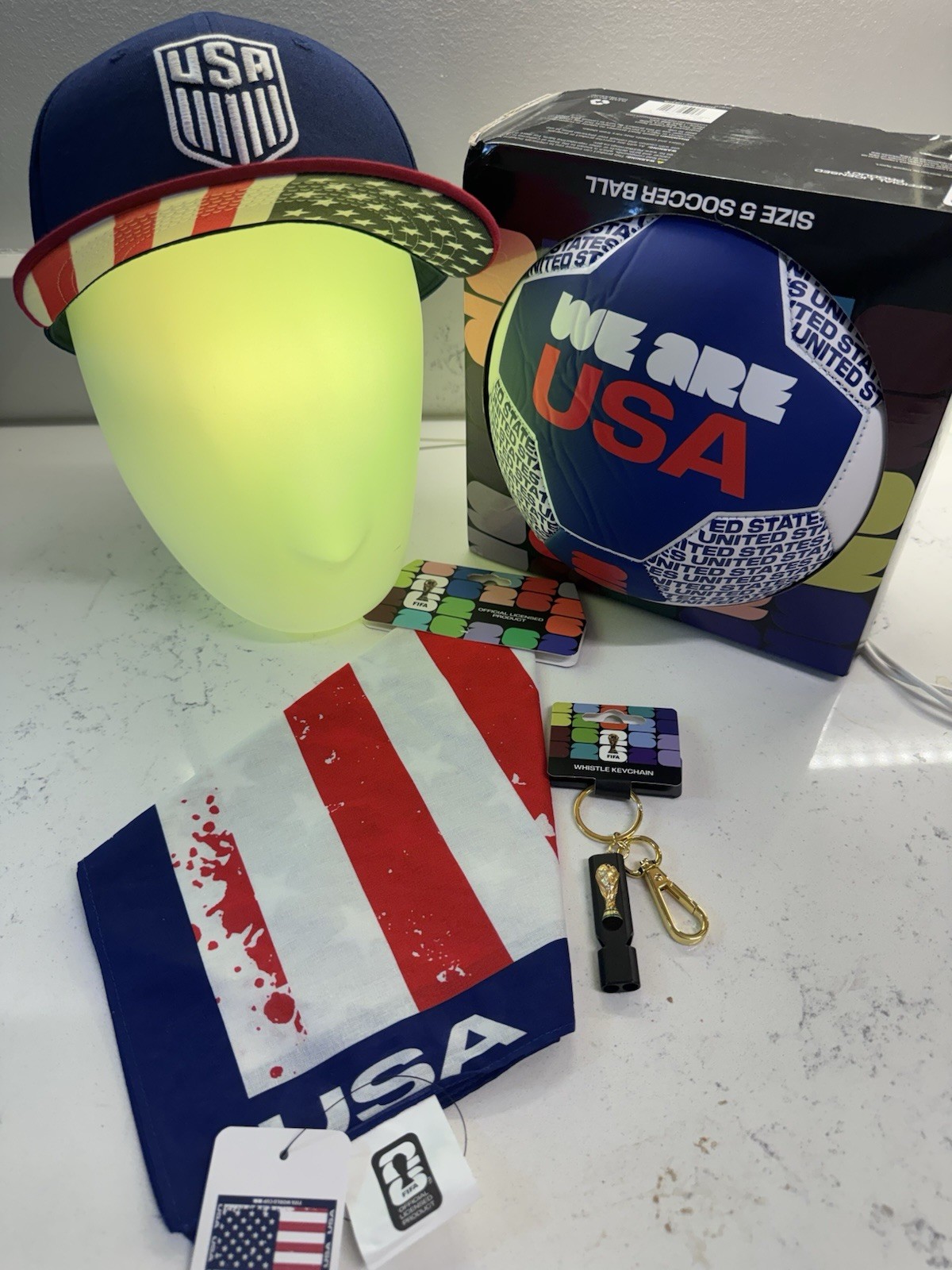 USA Fan Bundle Snapback Hat FIFA World Cup 2026 Ball Bandana Trophy Keychain