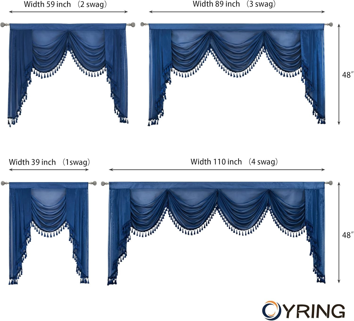 Navy Blue Waterfall Sheer Window 39"W x 48"L (Pack of 1),