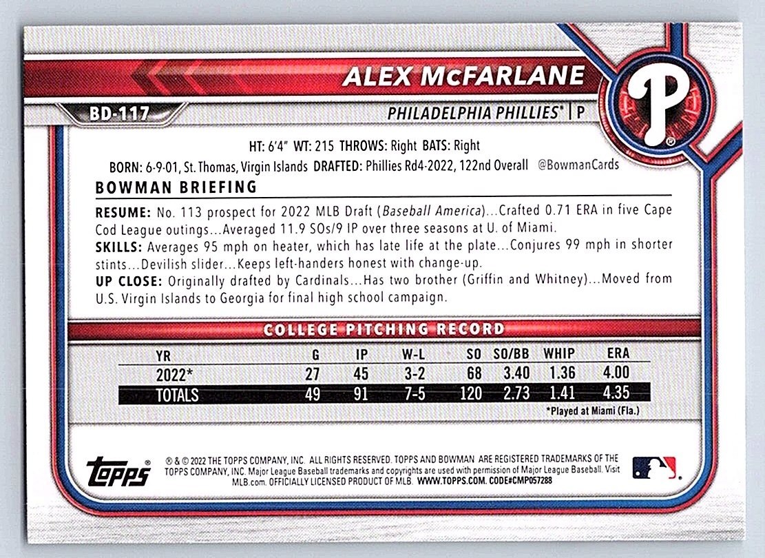 ALEX McFARLANE PHILLIES RC 1st card 2022 BOWMAN DRAFT #BD- 117