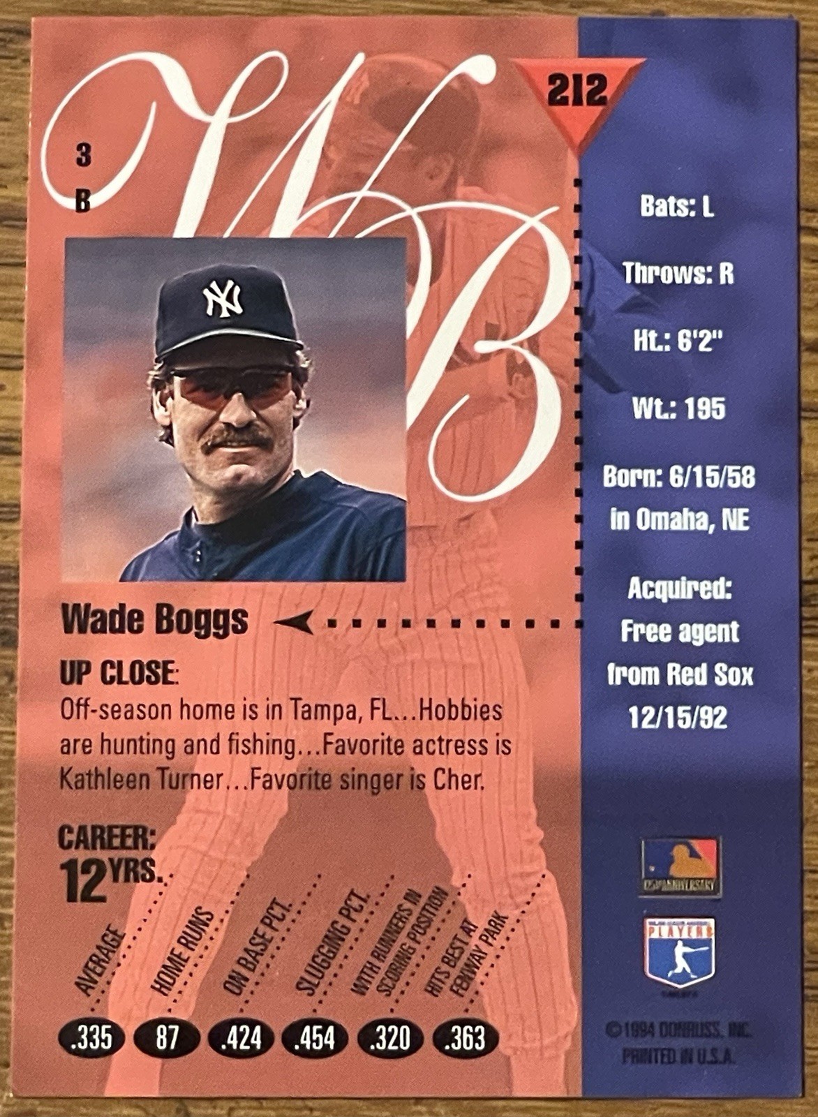 Wade Boggs 1994 Studio Baseball Card #212 New York Yankees MLB HOF Free Shipping