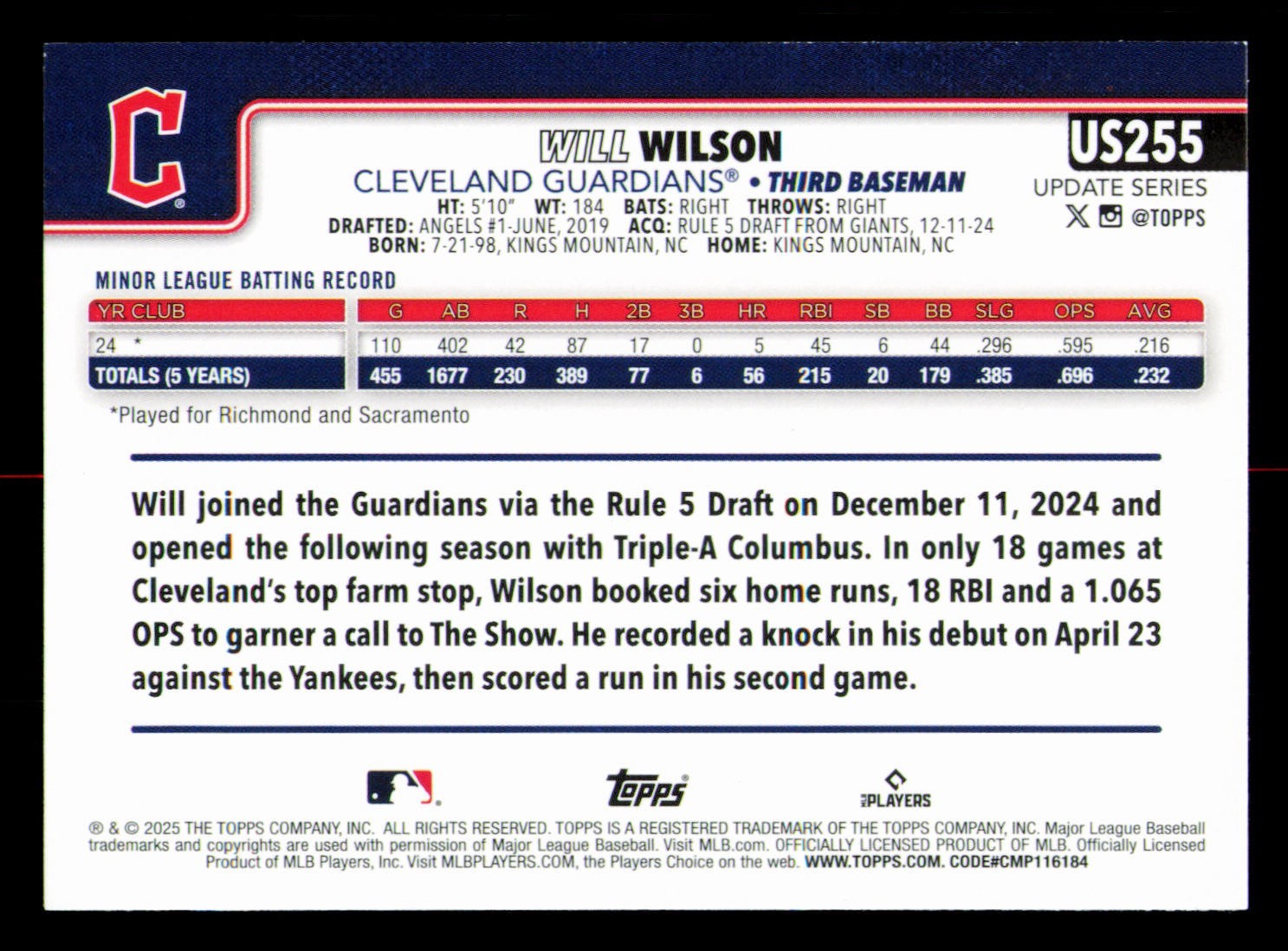 2025 Topps Update #US255 Will Wilson RC Cleveland Guardians Baseball Card