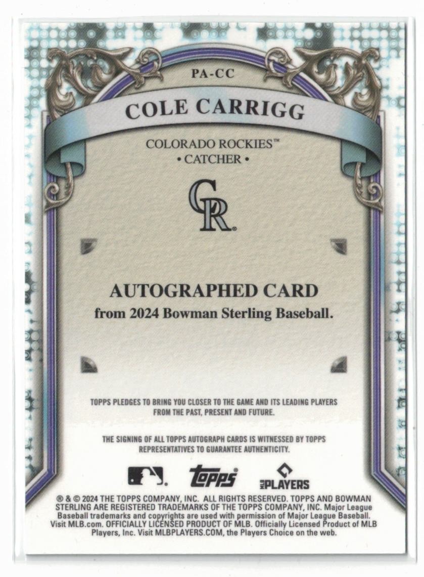2024 Bowman Sterling RC AUTO Cole Carrigg! Colorado Rockies! Rookie! Autograph!