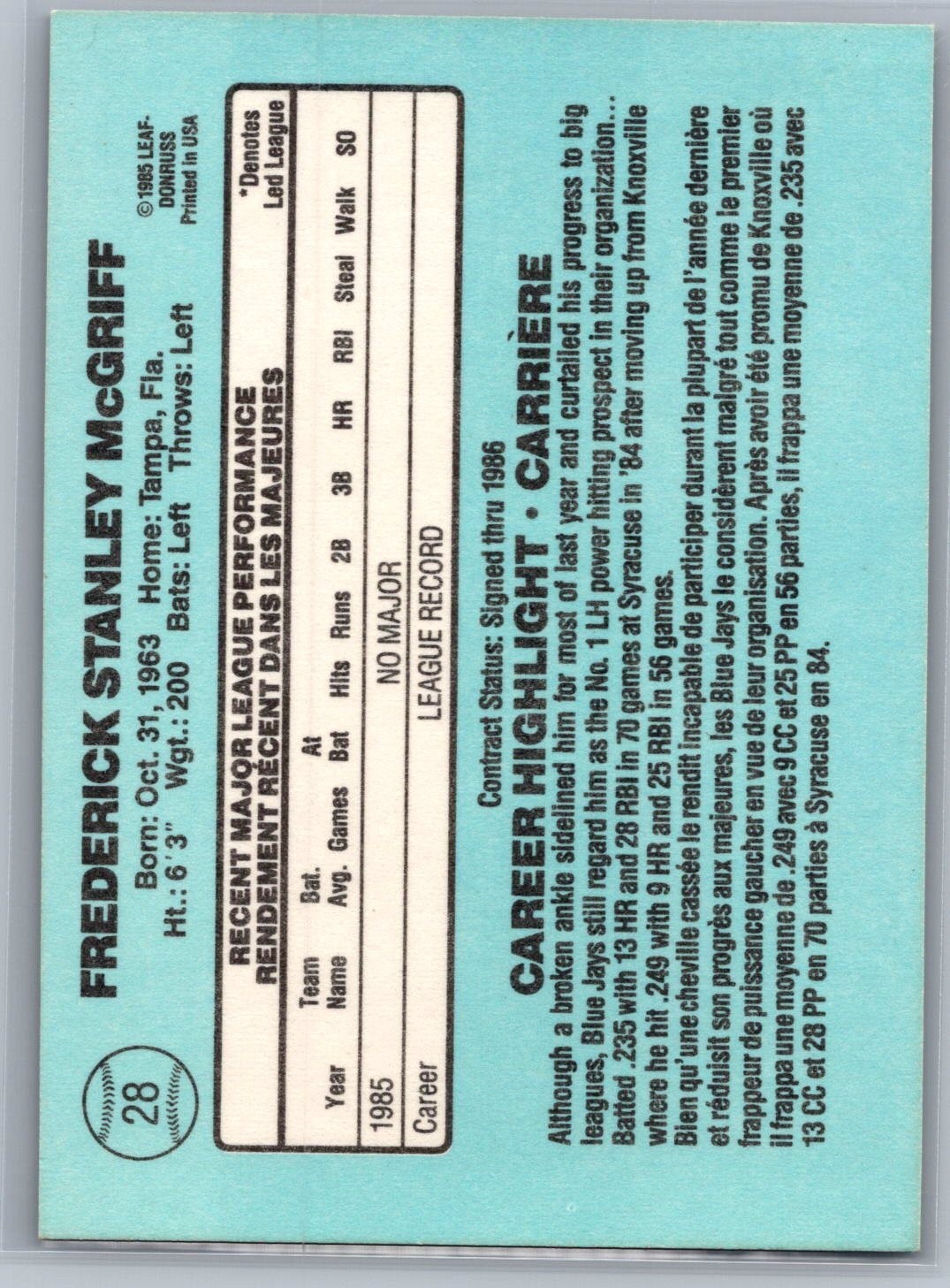 1986 Leaf Canadian – Rated Rookies Fred McGriff #28 (RC) – HOF NM *TEXCARDS*