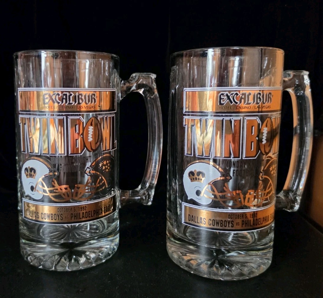 2 PC 20oz Mugs Cowboys/Eagles Mon Night FB OCT.05.1992 Twin Bowl EXCALIBUR party