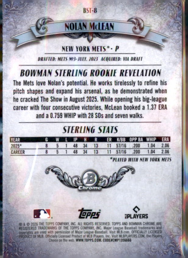 2026 Bowman #BST-8 Nolan McLean Bowman Sterling Mojo Refractors