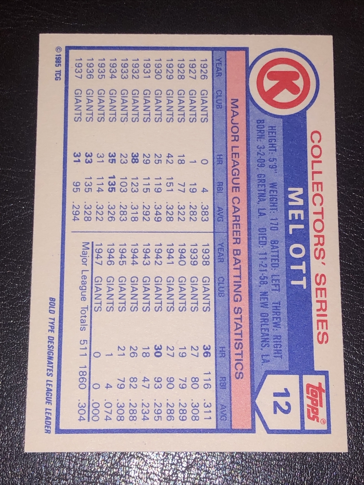 1985 Topps Circle K Promo Mel Ott New York Giants #12 HOF Nice Baseball Card