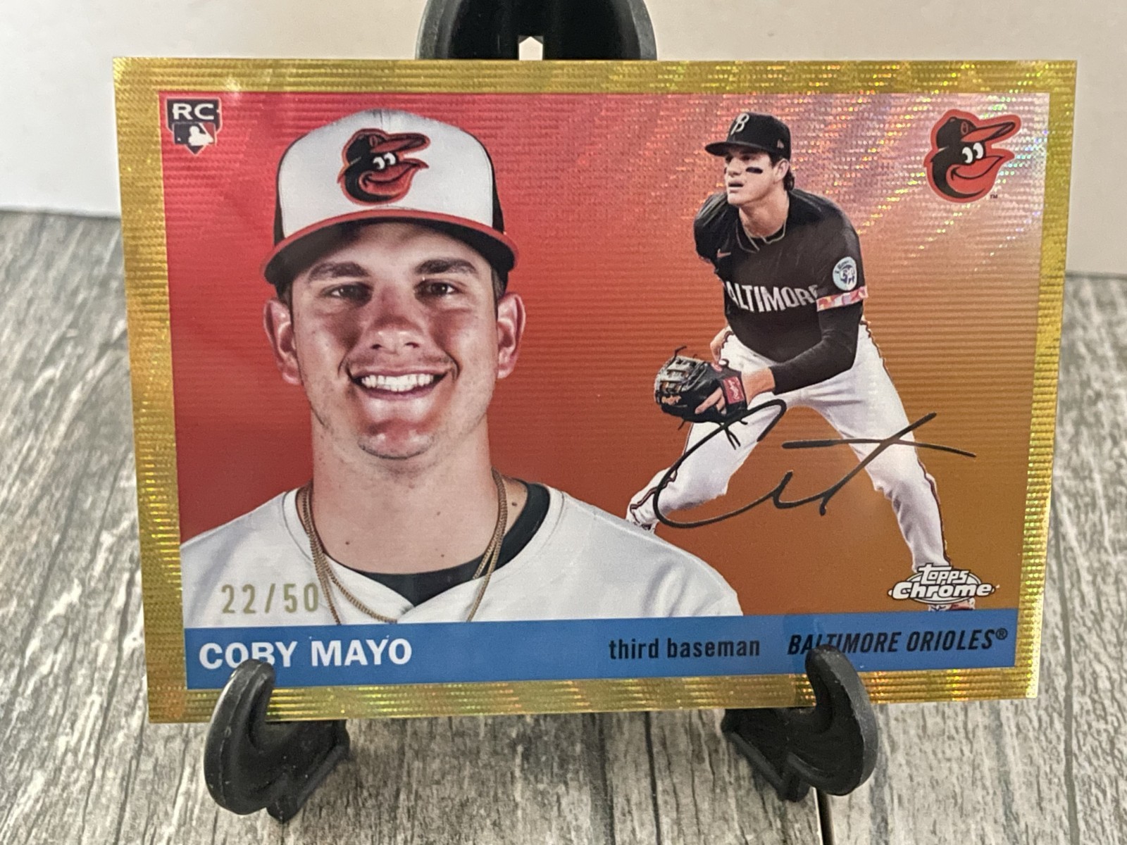 2025 Topps Chrome Platinum #219 Coby Mayo RC Gold Wave Refractor #22/50 Orioles