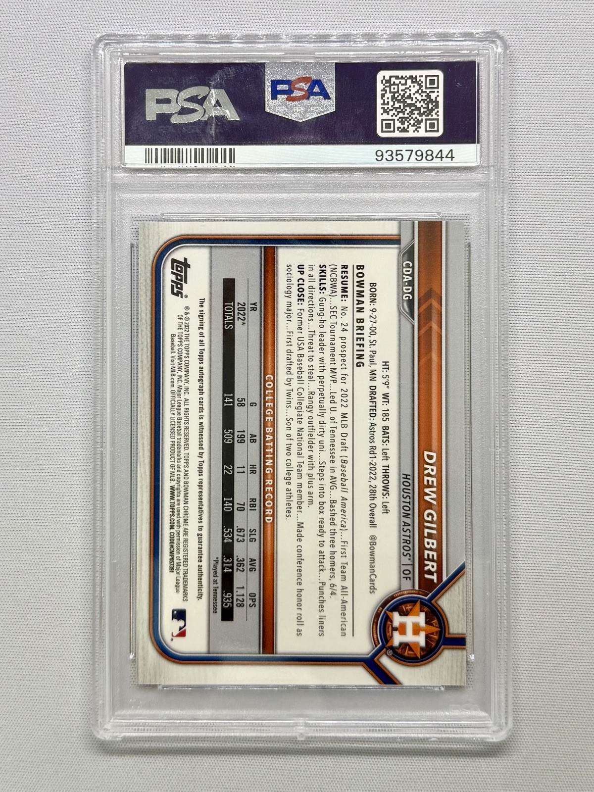 2022 Bowman Draft Drew Gilbert Chrome Auto Blue Wave Refractor 1st #/150 PSA 10