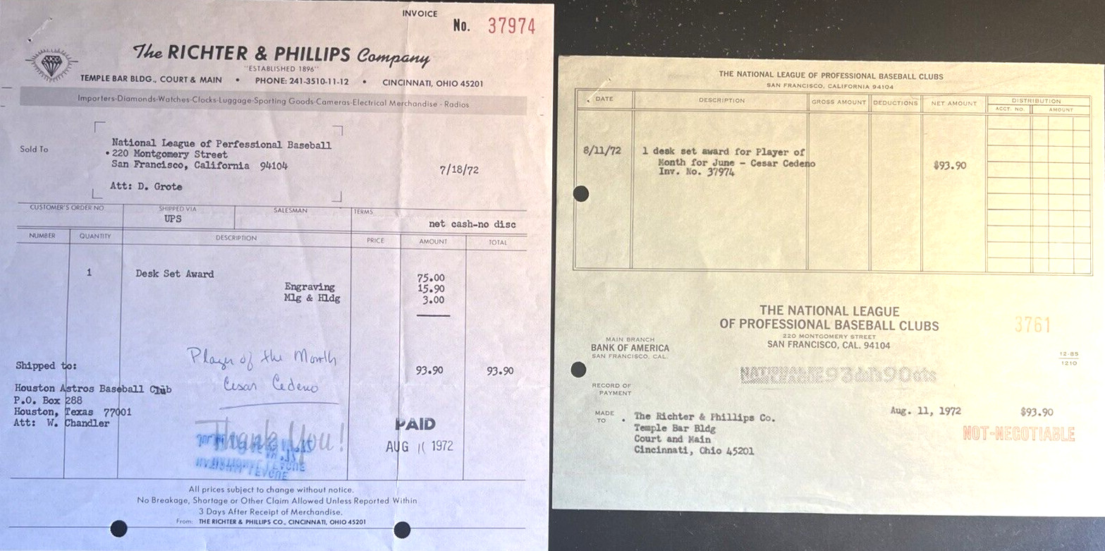 MLB ONE-OF-A-KIND NL INVOICE FOR CESAR CEDENO’S JUNE 1972 PLAYER OF MONTH AWARD!